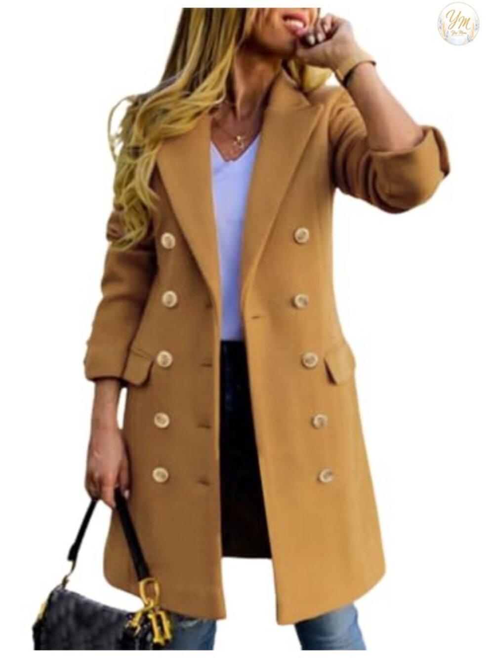 Womens Wool Peacoat Double Breasted Midi Trench Coat Long Sleeve